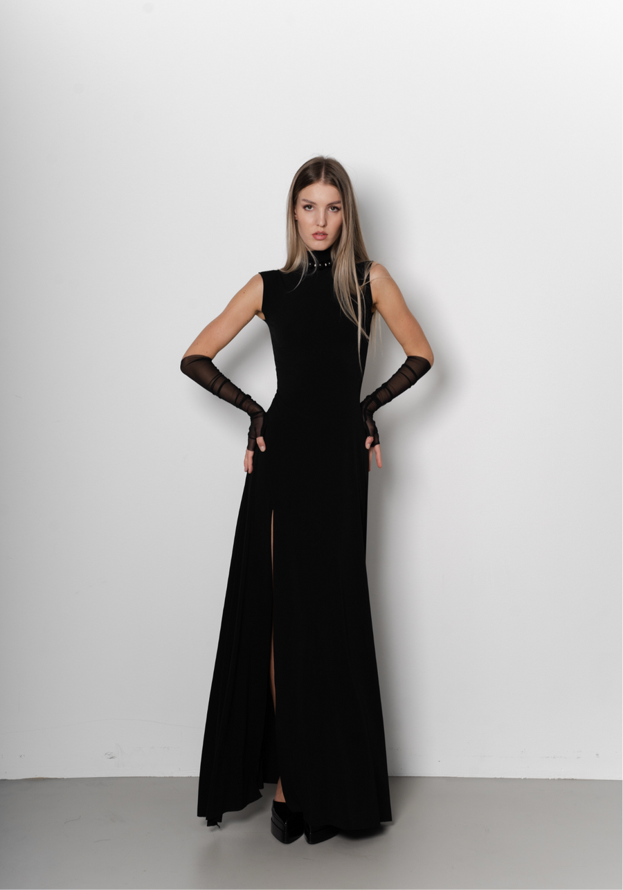 handcrafted black maxi dress Aura Ruffled Maxi Dress